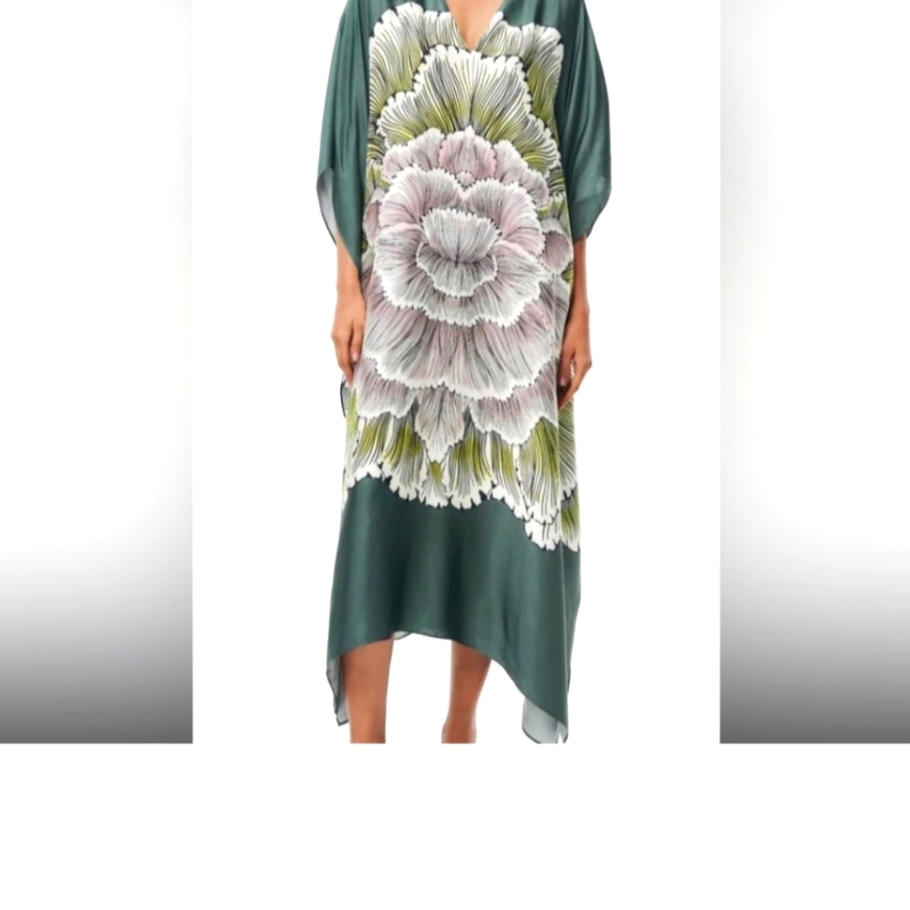 ZARA Caftan Kaftan Flowy Long Maxi Floral LOTUS Green Dress
